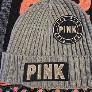 PINK Victoria's Secret Kids Ribbed Beanie with PINK Patch - Gray